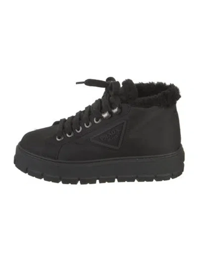 Pre-owned Prada Nylon Fur Trim Lace-up Boots In Black