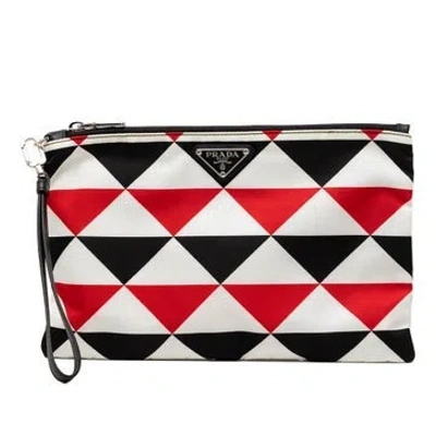 Pre-owned Prada Nylon Geometric Triangle Pattern Flat Clutch In White