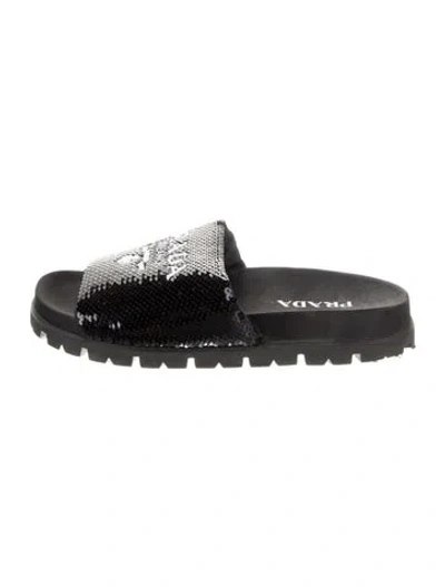 Pre-owned Prada Nylon Graphic Print Slides In Black