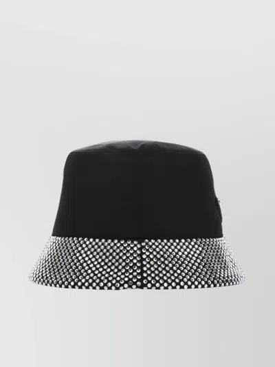 Prada Nylon Hat With Rhinestone Embellished Brim In Black