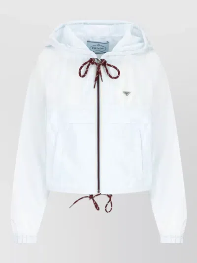 Prada Nylon Hooded Coat Drawstring Hem Cuffs In White