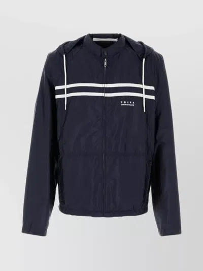 Prada Nylon Jacket With Hood And Elasticized Cuffs In Blue