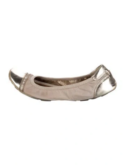 Pre-owned Prada Nylon Leather Trim Embellishment Ballet Flats In Metallic/neutrals