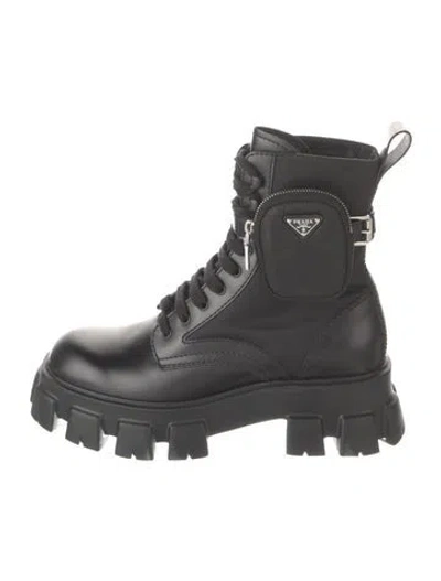 Pre-owned Prada Nylon Leather Trim Embellishment Combat Boots In Black