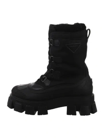 Pre-owned Prada Nylon Leather Trim Embellishment Combat Boots In Black