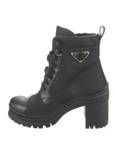 Pre-owned Prada Nylon Leather Trim Embellishment Combat Boots In Black