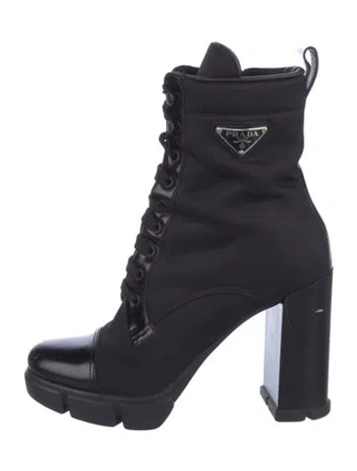 Pre-owned Prada Nylon Leather Trim Embellishment Lace-up Boots In Black
