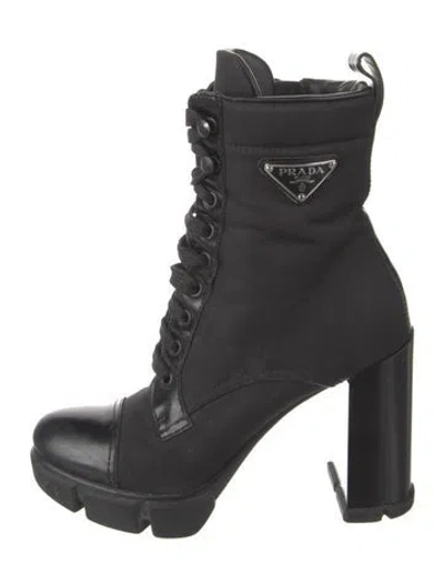 Pre-owned Prada Nylon Leather Trim Embellishment Lace-up Boots In Black
