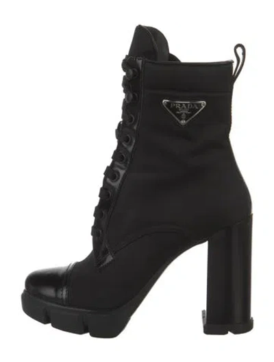 Pre-owned Prada Nylon Leather Trim Embellishment Lace-up Boots In Black