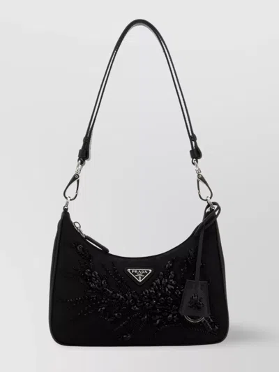 Prada Nylon Re-edition Shoulder Bag With Embroidered Design In Black