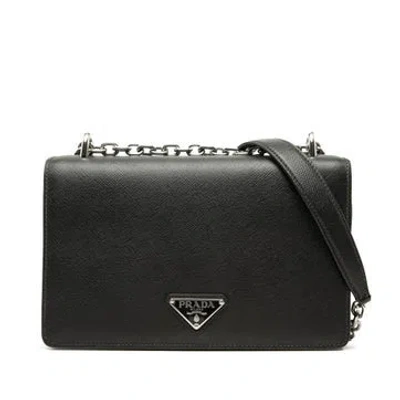 Pre-owned Prada Nylon Saffiano And Tessuto Chain Crossbody In Black