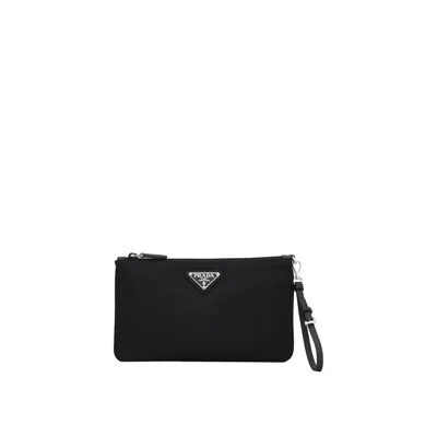 Prada Nylon Saffiano Wristlet Pouch In Black