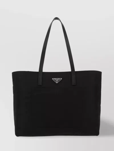 Prada Nylon Shopping Bag Leather Handles In Black