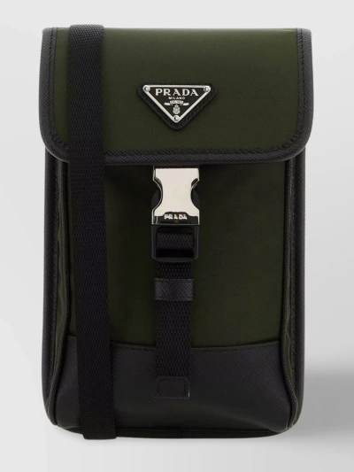 Prada Nylon Shoulder Bag With External Pocket In Green