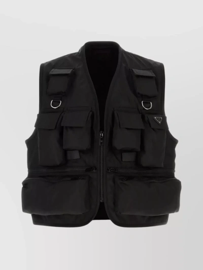 Prada Nylon Sleeveless Jacket With Multiple Pockets In Black