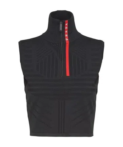 Prada Nylon Tec Rec Piquet Sleeveless Blouse In Black