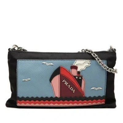 Pre-owned Prada Nylon Tessuto And Saffiano Ship Chain Pochette In Blue