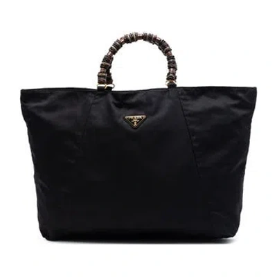 Pre-owned Prada Nylon Tessuto Beaded Handle Tote In Black