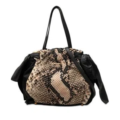 Pre-owned Prada Nylon Tessuto Python Print Bow Satchel In Black