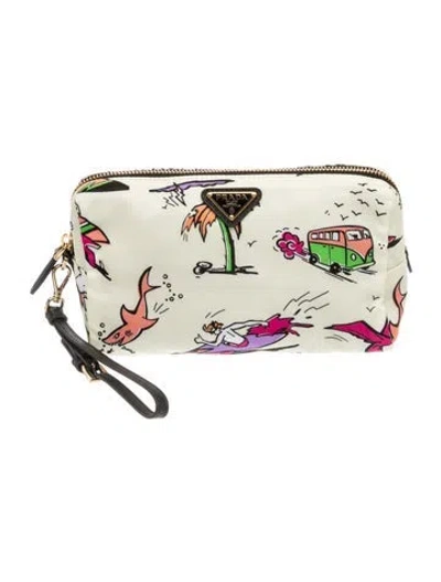 Pre-owned Prada Nylon Tessuto Stampato Surf Cosmetic Pouch In Neutrals