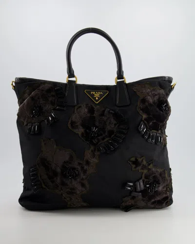 Prada Nylon Tote Bag With Gold Hardware, Velvet And Crystal Embroideries In Black