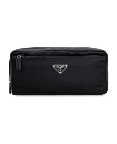 Prada Re-nylon And Saffiano Leather Travel Pouch Accessories In Black