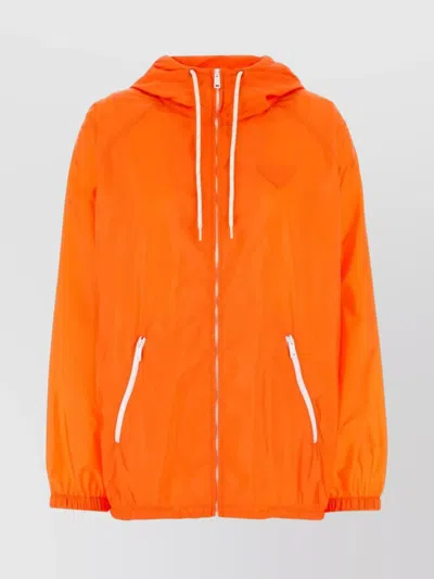 Prada Nylon Windbreaker With Hood And Zip Pockets In Orange