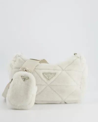 Prada Off- Re-edition 2000 Quilted Shearling Shoulder Bag With Silver Hardware Rrp £1,850 In White