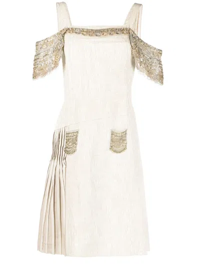 Pre-owned Prada Off-the-shoulder Detail Flared Pleated Dress In Neutrals