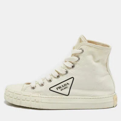 Pre-owned Prada Off White Canvas Gabardine High Top Sneakers Size 36