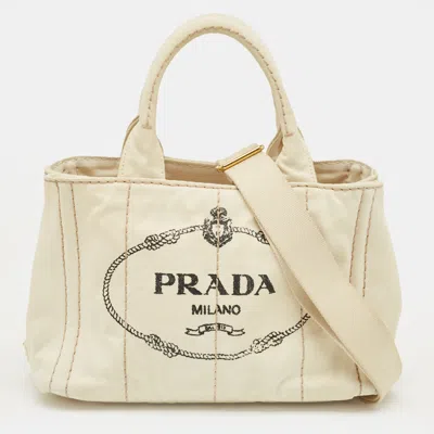 Pre-owned Prada Off White Canvas Logo Small Canapa Tote