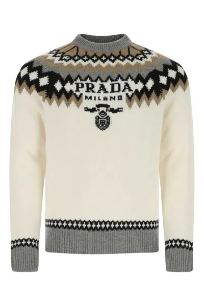 PRADA OFF WHITE EMBROIDERED CASHMERE SWEATER