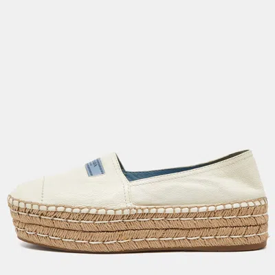 Pre-owned Prada Off White Leather Platform Espadrille Flats Size 39.5