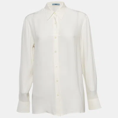 Pre-owned Prada Off-white Satin Logo Detail Long Sleeve Shirt S