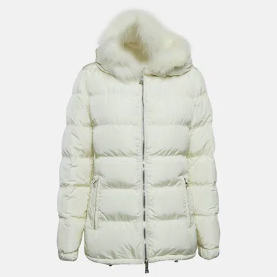 Pre-owned Prada Off-white Synthetic Quilted Fur Trim Hood Down Jacket S