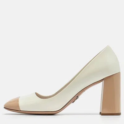 Pre-owned Prada Off White/beige Patent Leather Square Toe Pumps Size 37.5