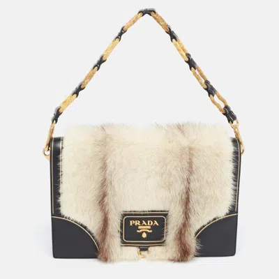 Pre-owned Prada Off White/black Mink Fur And Saffiano Leather Flap Bag