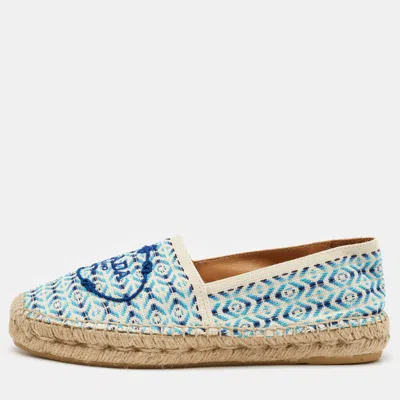 Pre-owned Prada Off White/blue Nastro Jacquard Embroidered Logo Espadrille Flats Size 35