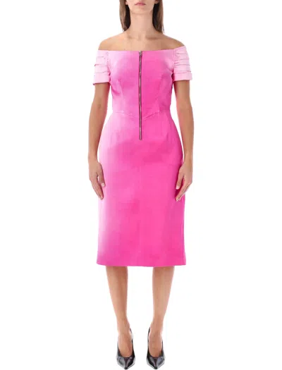 Prada Off-shoulder Zip-front Midi Dress In Fucsia