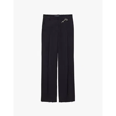 PRADA WOMENS PRADA OLD-WASH BROOCH-EMBELLISHED STRAIGHT-LEG MID-RISE WOOL TROUSERS