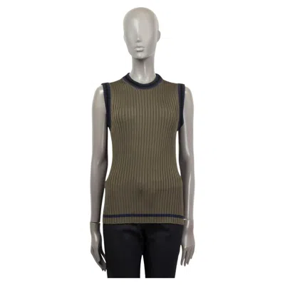 Pre-owned Prada Olive Green & Navy Blue Viscose Sleeveless Rib Knit Sweater 42 M