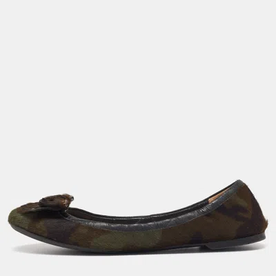 Pre-owned Prada Olive Green Calf Hair Scrunch Bow Ballet Flats Size 39