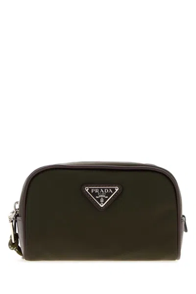 Prada Olive Green Fabric Beauty Case In Brown