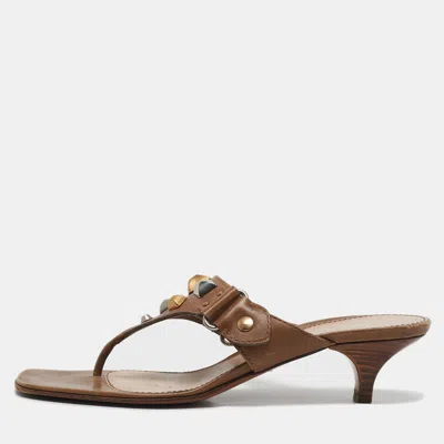Pre-owned Prada Olive Green Leather Thong Sandals Size 37.5 In Beige