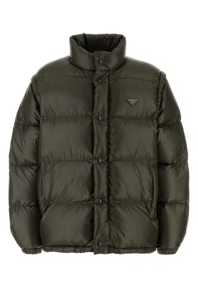 Prada Olive Green Nylon Down Jacket In Black