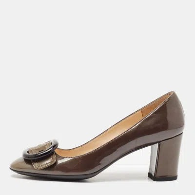 Pre-owned Prada Olive Green Patent Leather Buckle Square Toe Pumps Size 36.5