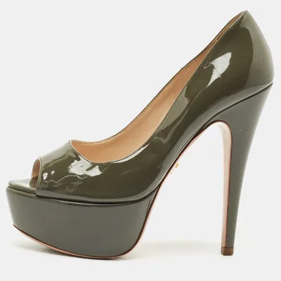 Pre-owned Prada Olive Green Patent Leather Peep Toe Platform Pumps Size 36.5
