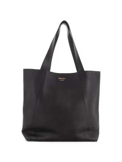 Pre-owned Prada Open Shopper Tote Soft Grain Leather Large Shoulder Bag In Black