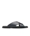Prada Saffiano Leather Triangle-logo Sandals In Sea-blue
