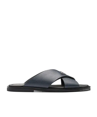 Prada Saffiano Leather Triangle-logo Sandals In Black